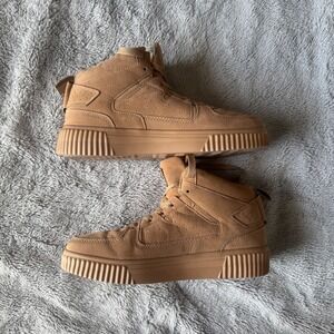 Tan Faux Suede High Top Platform Sneakers Perforated Lace Up Streetwear Shoes W9